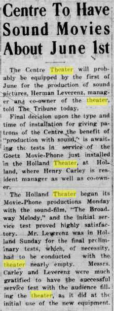 Centre Theater - Apr 16 1929 Article